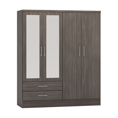 Nevada 4 Door 2 Drawer  Mirrored  Wardrobe - Black Wood Grain