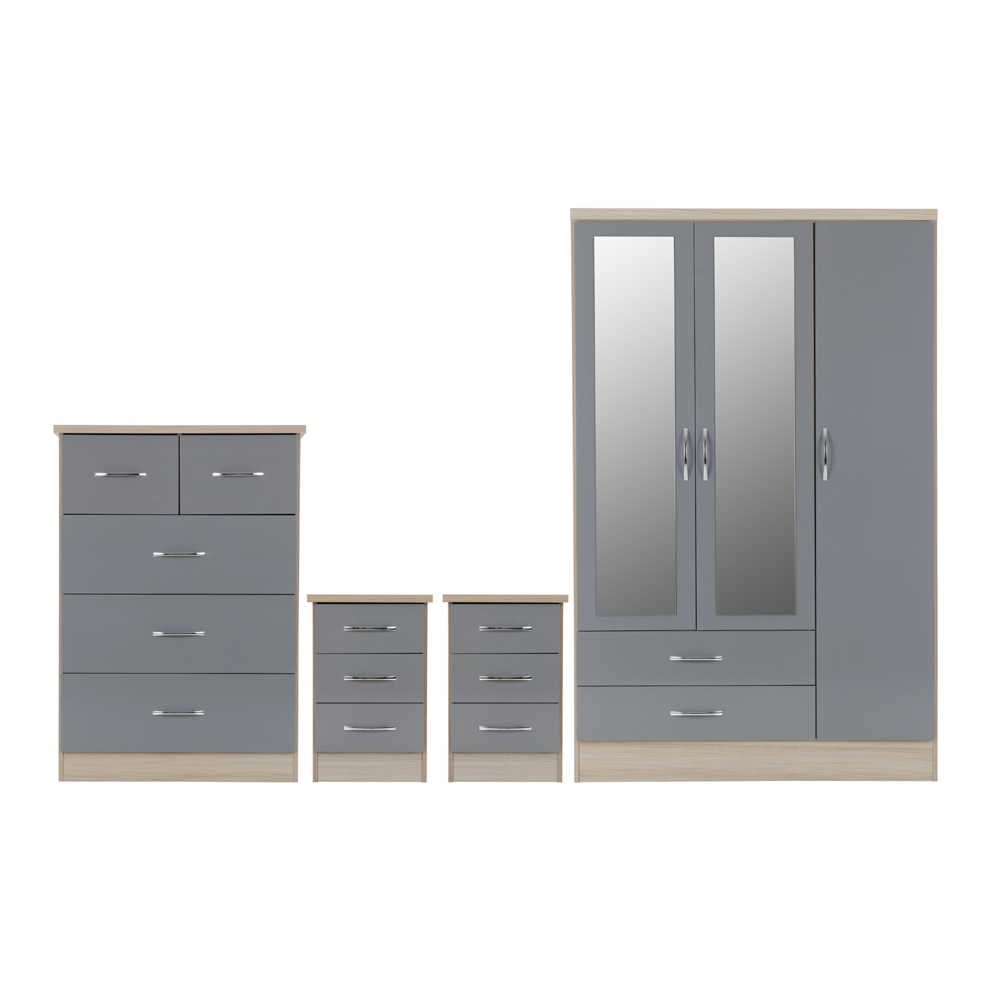 Nevada 3 Door 2 Drawer Wardrobe - Grey Gloss/Light Oak Veneer