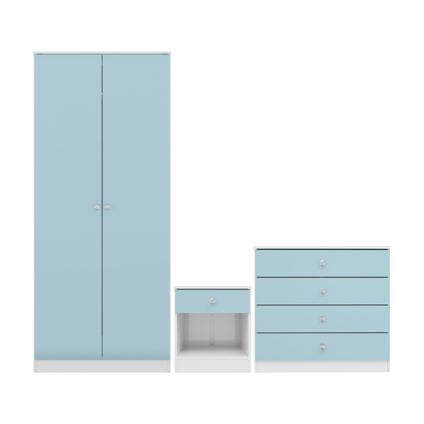 Denver Trio Set White/Blue Gloss Wardrobe Chest & Bedside
