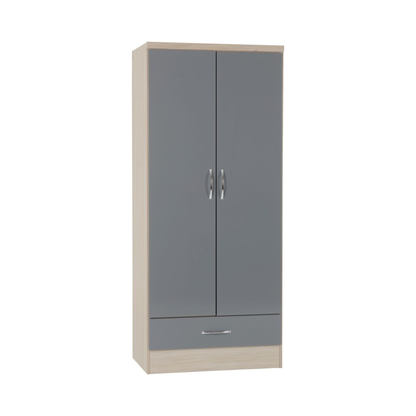 Nevada 2 Door 1 Drawer Wardrobe – Grey Gloss & Oak