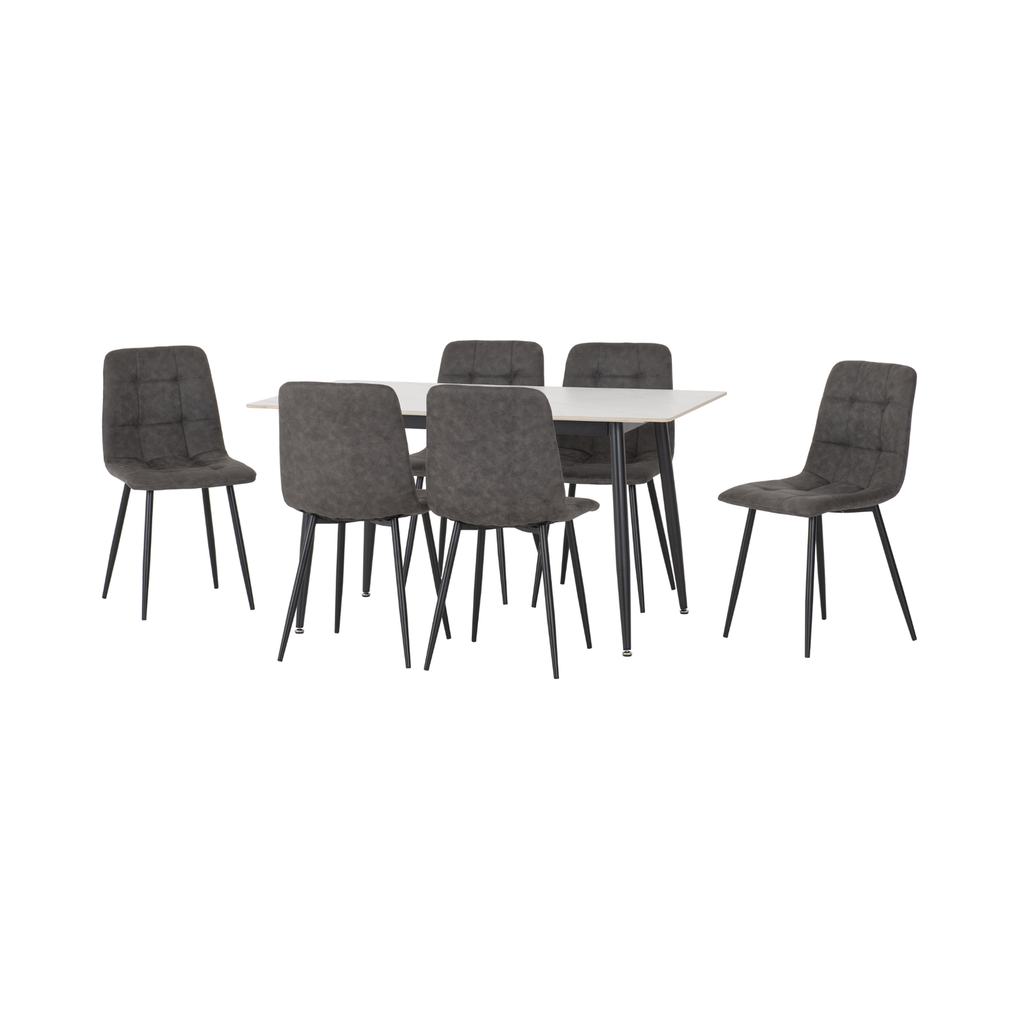 Fenton Dining Set with 6 Chairs - White & Dark Grey Suede Fabric