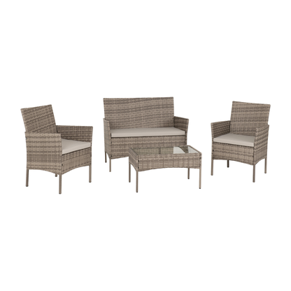 Willow 4Pc Garden Set - Grey Rattan & Fabric with Clear Glass