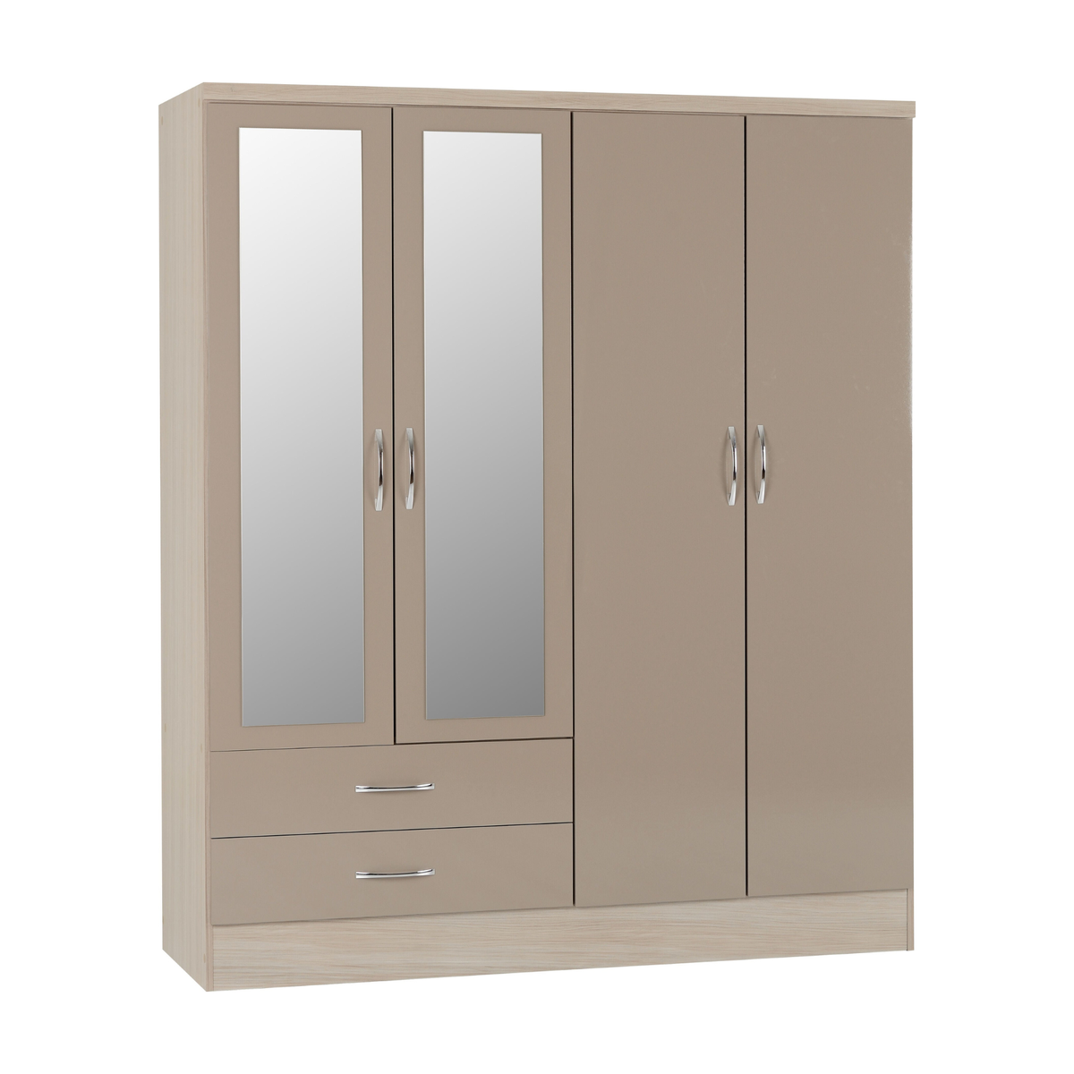 Nevada 4 Door 2 Drawer Mirrored Wardrobe – Oyster Gloss & Light Oak | Large Bedroom Wardrobe UK