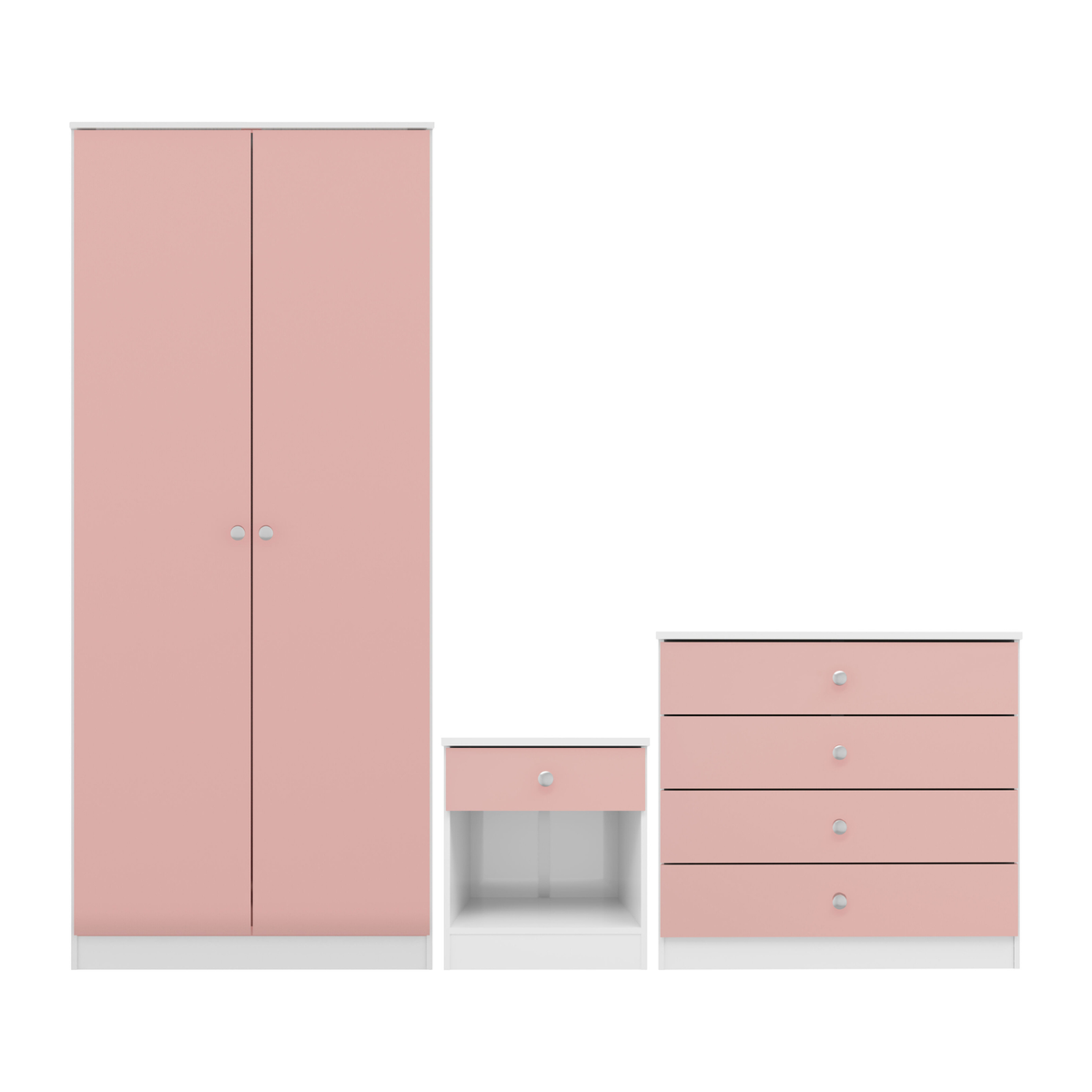 Denver Trio Set White/Pink Gloss Wardrobe Chest & Bedside