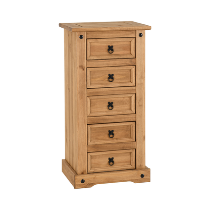 Corona 5 Drawer Narrow Chest – Distressed Waxed Pine, Space-Saving Storage