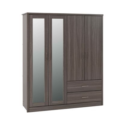 Lisbon 4 Door Wardrobe – Black Wood Grain with Mirrors