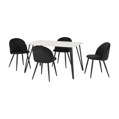 Marlow Dining Set 4 Chairs White Marble/Black Velvet