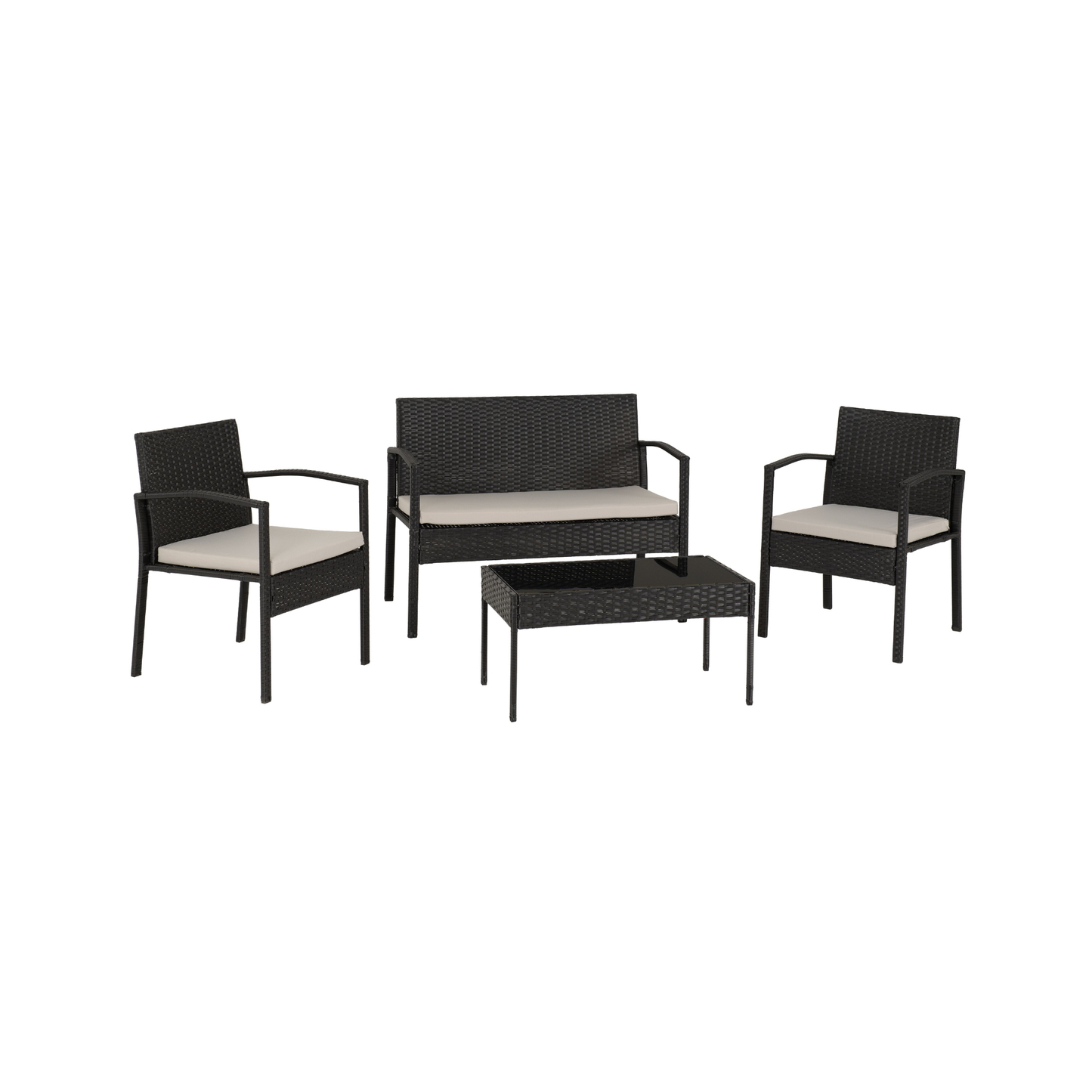 Cedar 4Pc Garden Set - Black Rattan/Grey Fabric/Black Glass