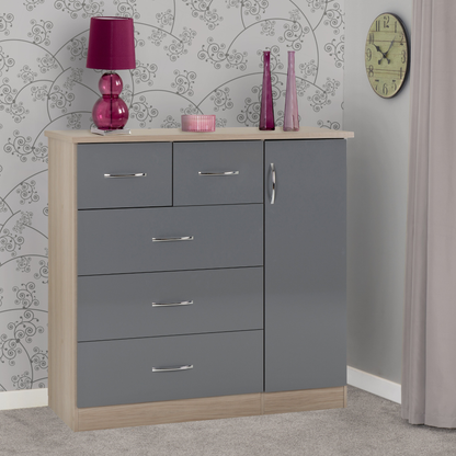 Nevada 5 Drawer Low Wardrobe - Grey Gloss/Light Oak