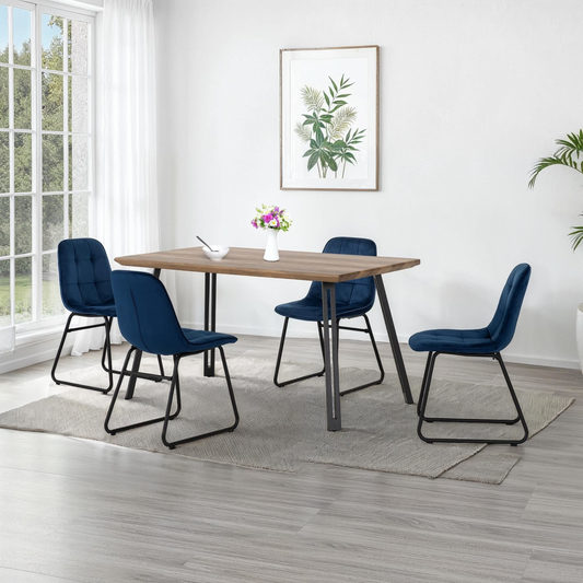 Quebec Straight & Lukas Dining Set - Oak Effect/Sapphire Velvet