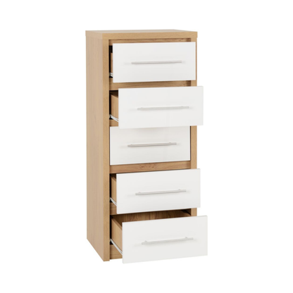 Seville 5 Drawer Narrow Chest - White Gloss/Light Oak Effect