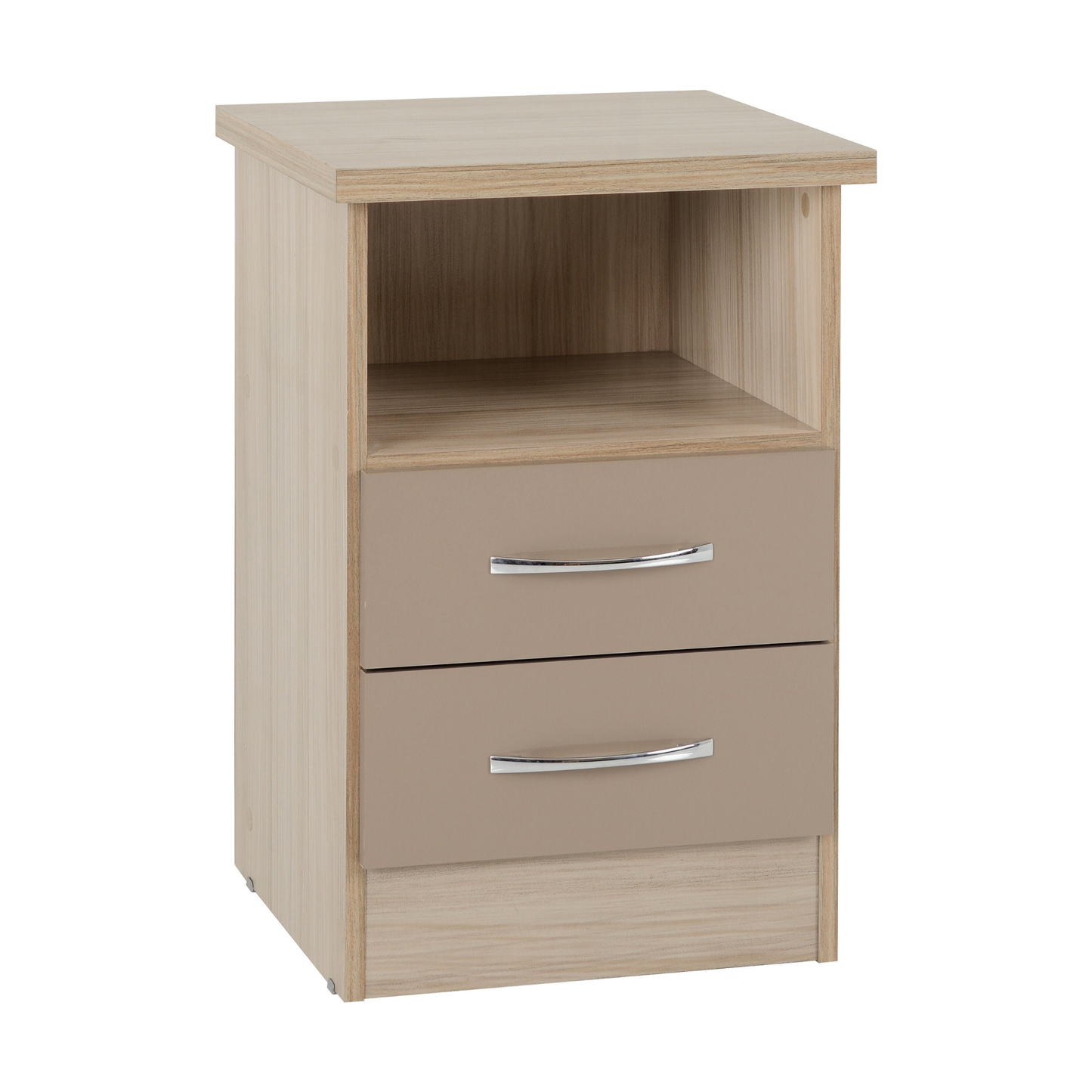 Nevada 2 Drawer Bedside – Oyster Gloss/Light Oak Effect