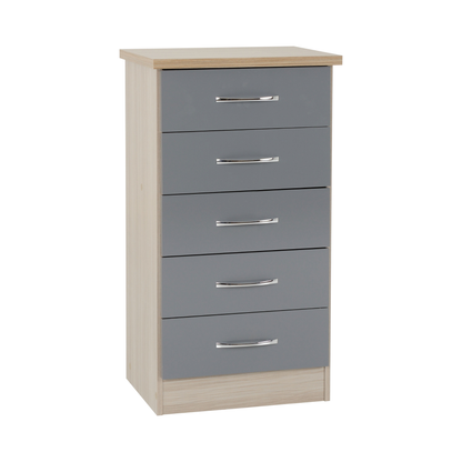 Nevada 5 Drawer Narrow Chest - Grey Gloss/Light Oak Effect Veneer