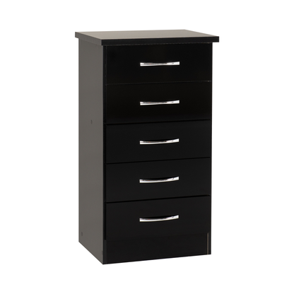Nevada 5 Drawer Narrow Chest - Black Gloss