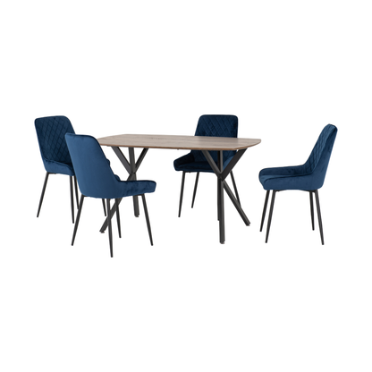 Athens Dining Set with 4 Avery Chairs - Oak & Sapphire Velvet