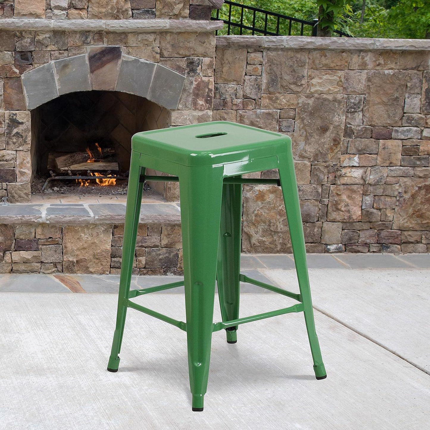 Lily 24" Industrial Green Bar Stool – Set of 4 – Stackable Metal Counter Height