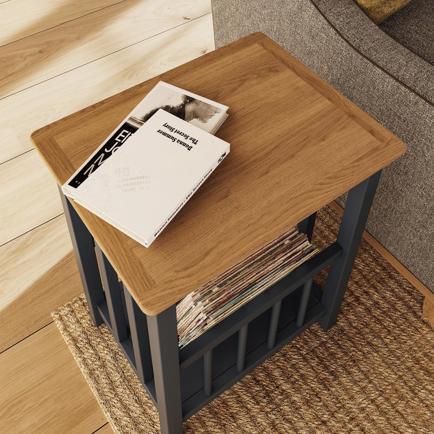 Taberno Graphite Blue Magazine Rack & Turntable Stand – Oak