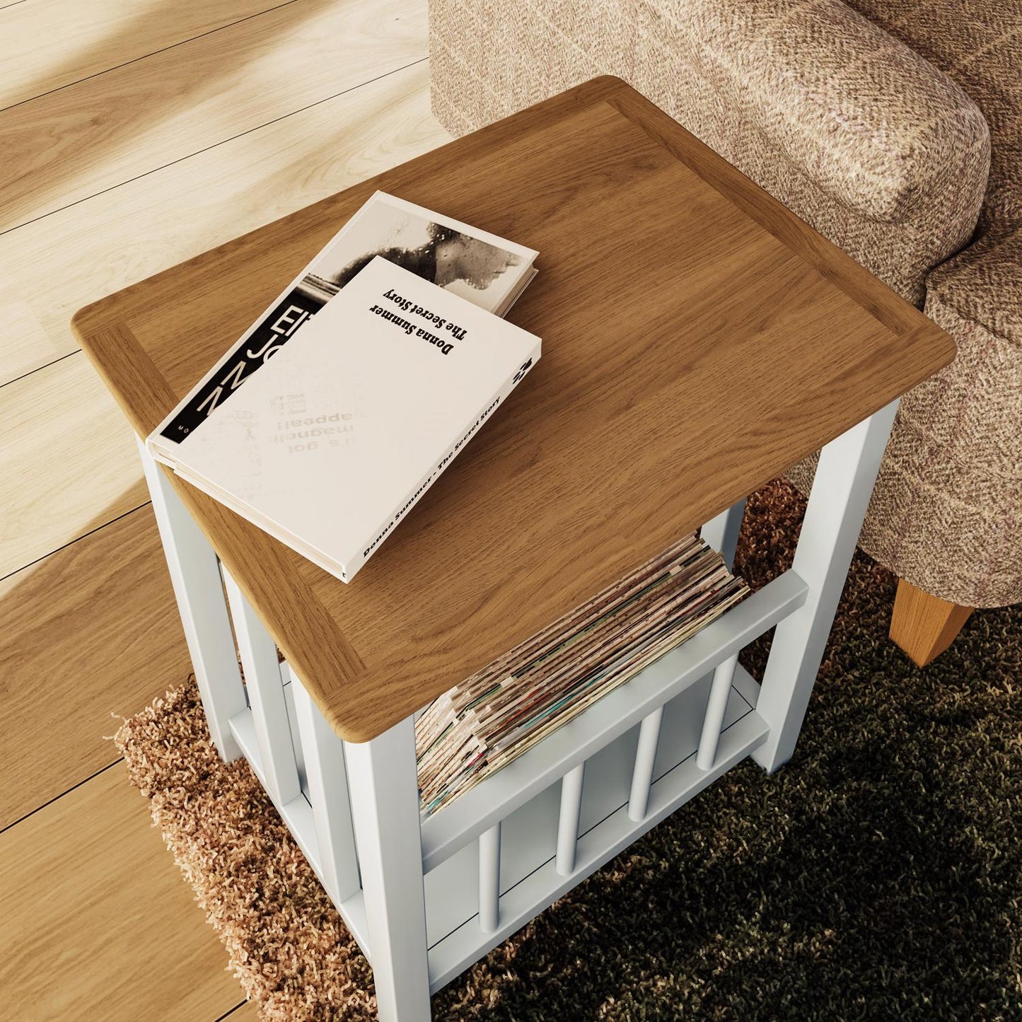 Taberno Linen White Magazine Rack & Turntable Stand – Oak