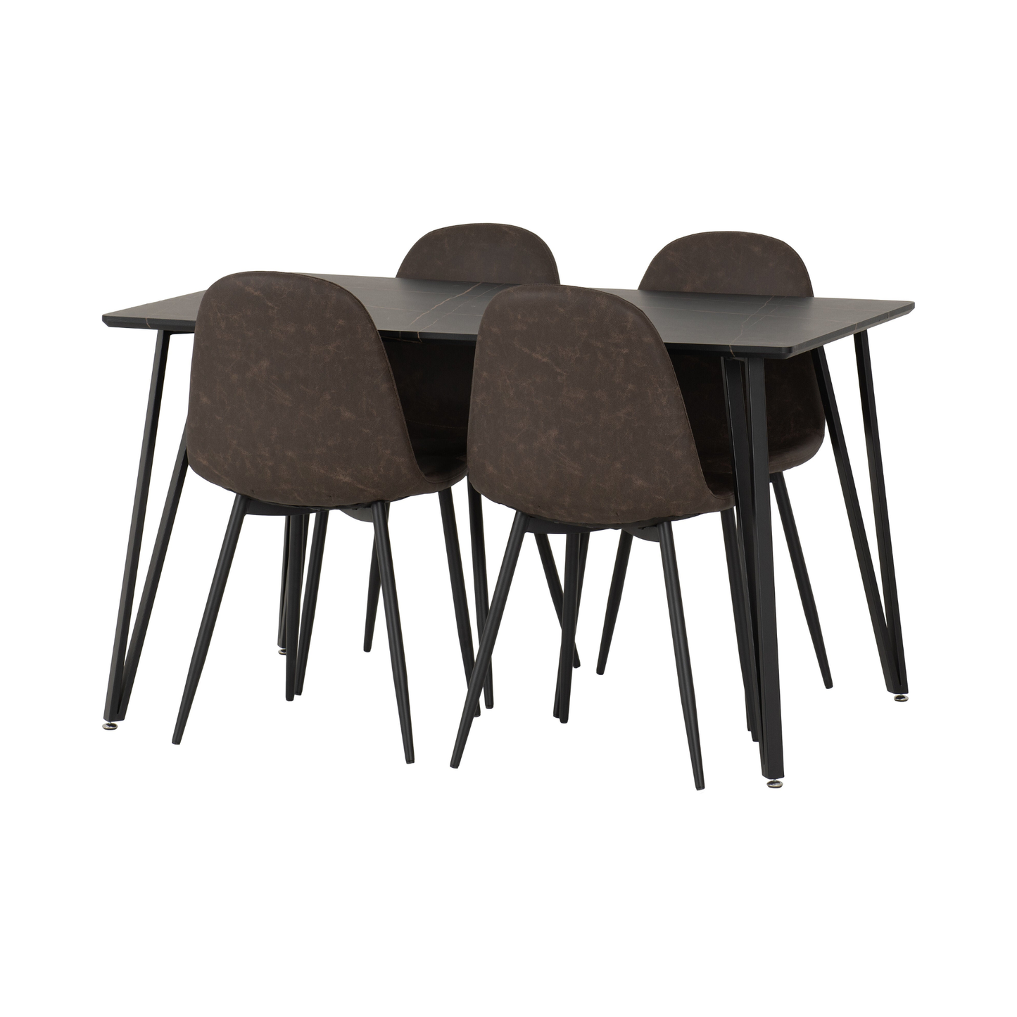 Marlow & Athens Dining Set (4 Chairs) - Black Marble/Brown PU