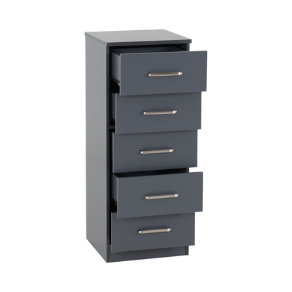 Dakota 5 Drawer Narrow Chest – Dark Grey, Compact Bedroom Storage