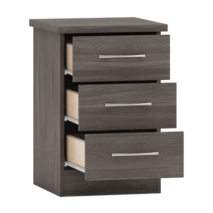 Nevada 3 Drawer Bedside – Black Wood Grain Storage