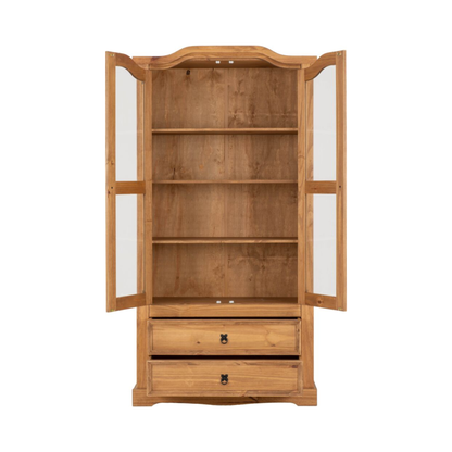 Corona 2 Door 2 Drawer Glass Display Cabinet – Distressed Waxed Pine