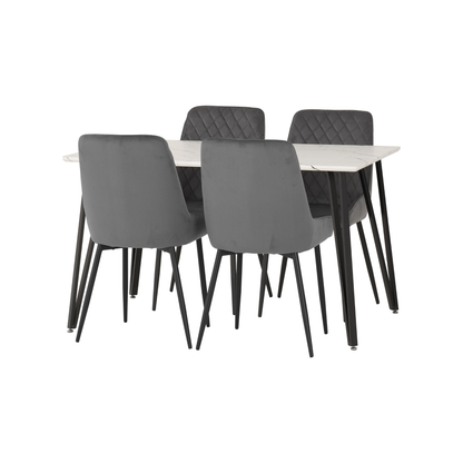 Marlow & Avery Dining Set (4 Chairs) - White Marble/Grey Velvet