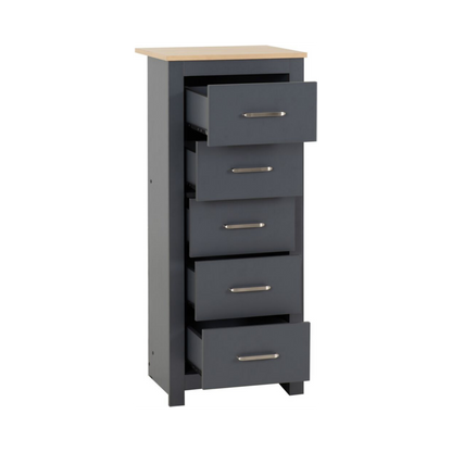 Portland 5 Drawer Narrow Chest - Grey/Oak Effect