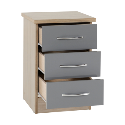 Nevada 3 Drawer Bedside - Grey Gloss/Light Oak Effect Veneer