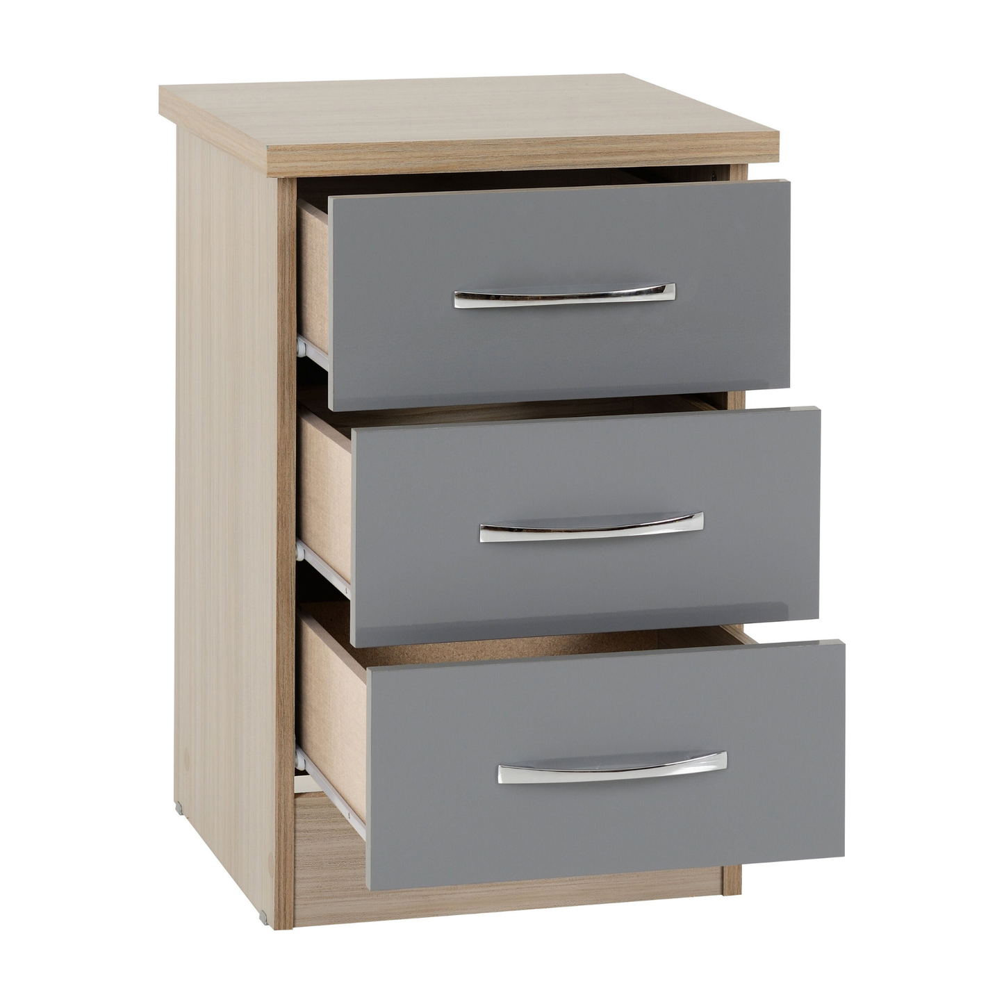 Nevada 3 Drawer Bedside – Grey Gloss/Light Oak Effect