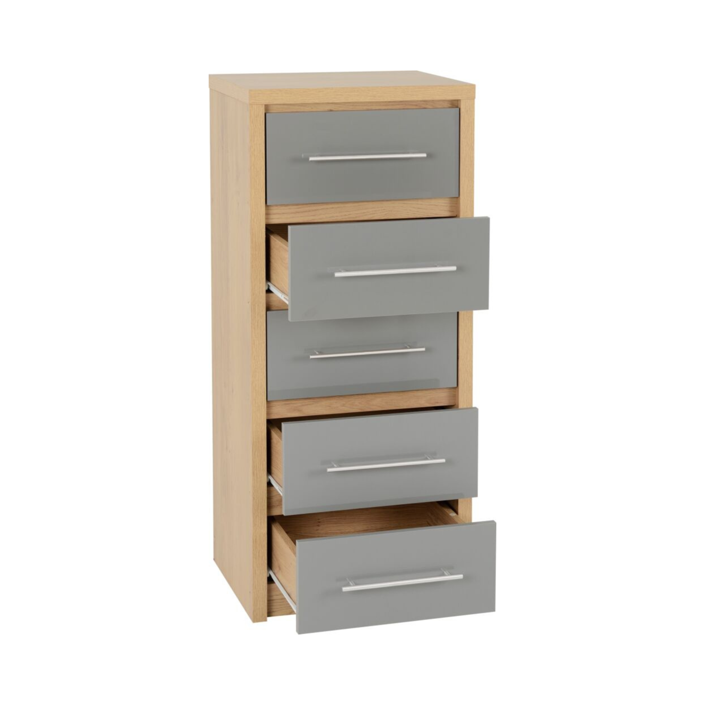 Seville 5 Drawer Narrow Chest - Grey Gloss/Light Oak Effect