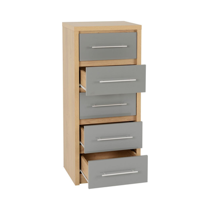 Seville 5 Drawer Narrow Chest - Grey Gloss/Light Oak Effect
