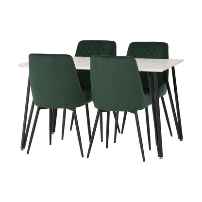 Marlow & Avery Dining Set - White Marble/Emerald Green Velvet (4 Chairs)