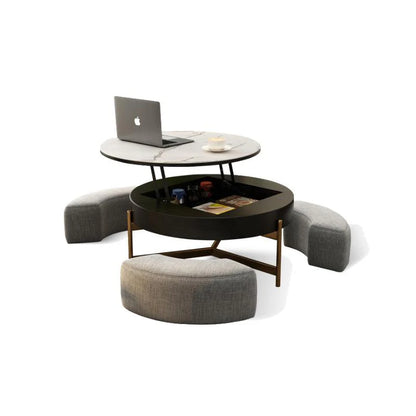 Josiah Round Lift-Top Coffee Table With 3 Small Benches, Linen
