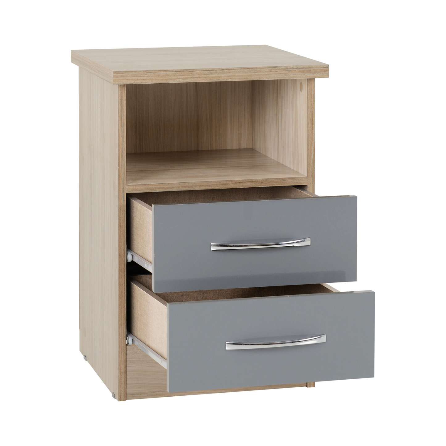Nevada 2 Drawer Bedside – Grey Gloss/Light Oak Effect