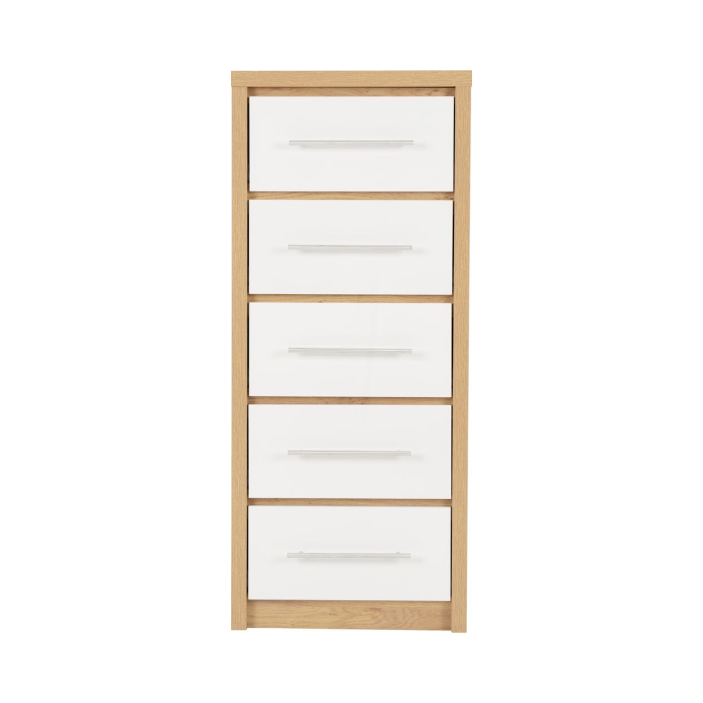 Seville 5 Drawer Narrow Chest - White Gloss/Light Oak Effect