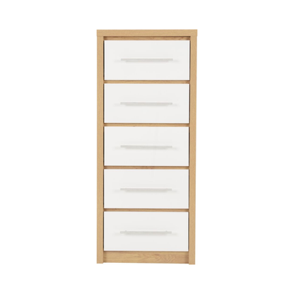 Seville 5 Drawer Narrow Chest - White Gloss/Light Oak Effect