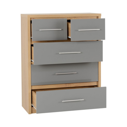 Seville 3+2 Drawer Chest - Grey Gloss/Light Oak Effect