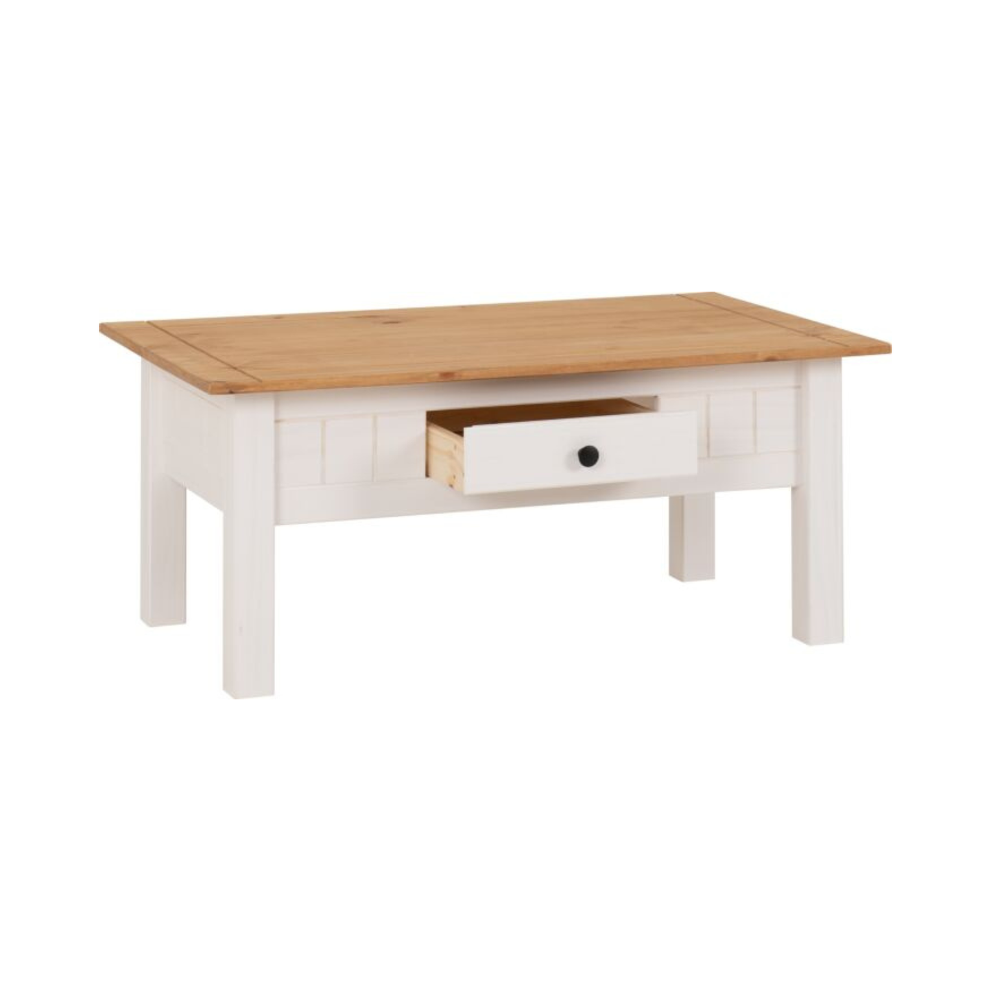 Panama 1 Drawer Coffee Table - White & Natural Wax, Rustic Style