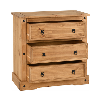 Corona 3 Drawer Chest – Distressed Waxed Pine, Rustic Storage