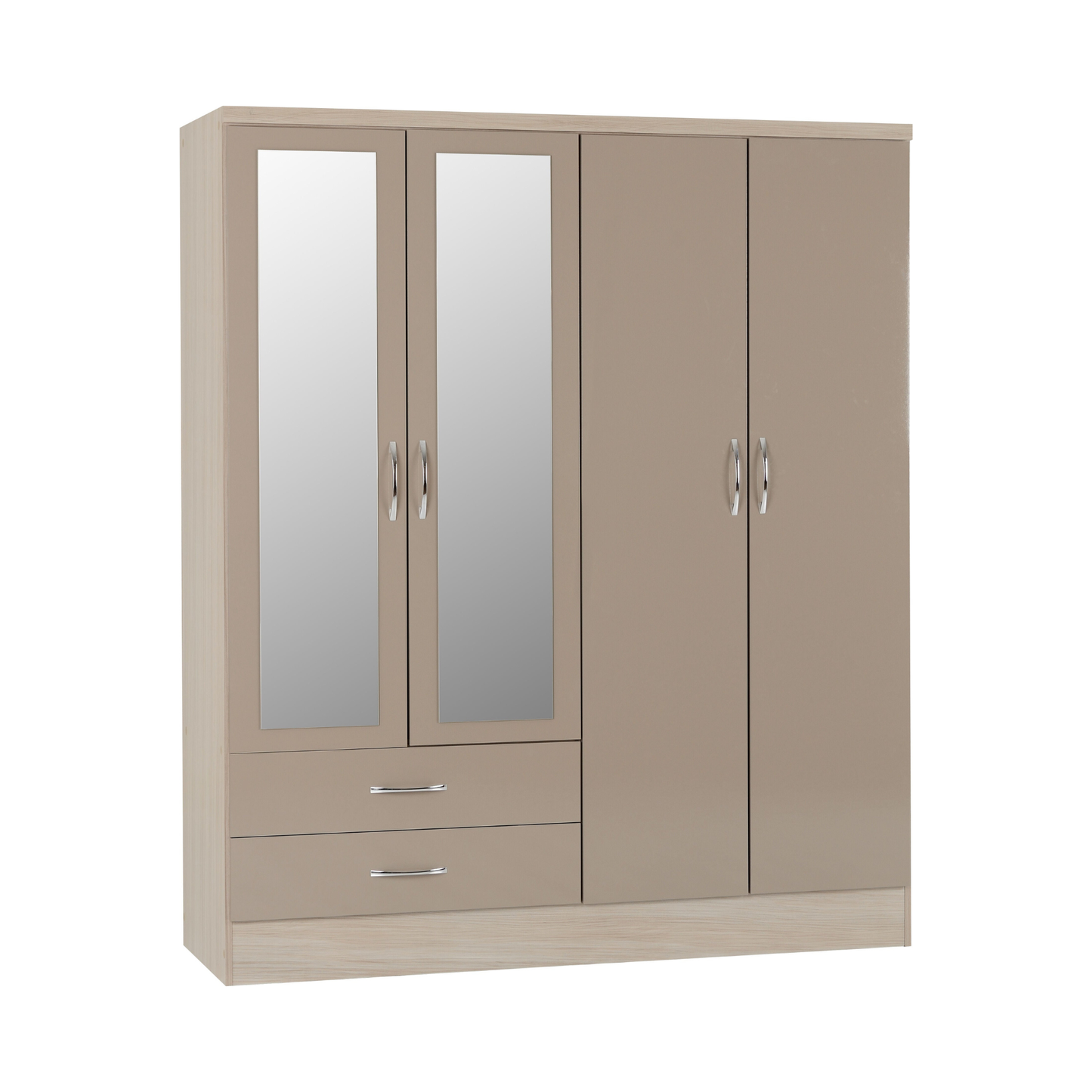 Nevada 4 Door 2 Drawer Wardrobe – Oyster Gloss & Oak | Large Bedroom Wardrobe UK