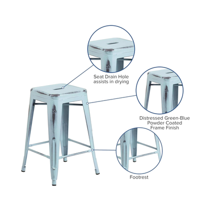 Kai 24" Industrial Pale Blue Bar Stools – Set of 4 – Metal Counter Height