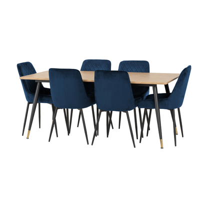 Hamilton & Avery Large Dining Set (6 Chairs) - Oak/Sapphire Blue Velvet