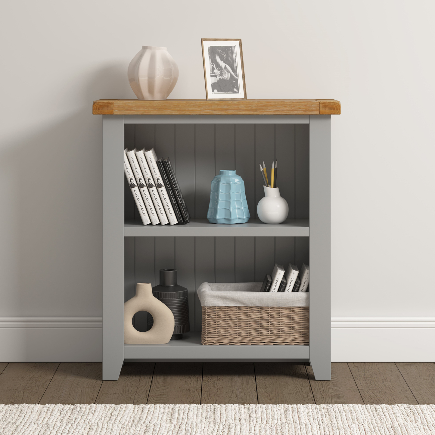 Windsor Low Bookcase - Pebble Grey & Oak