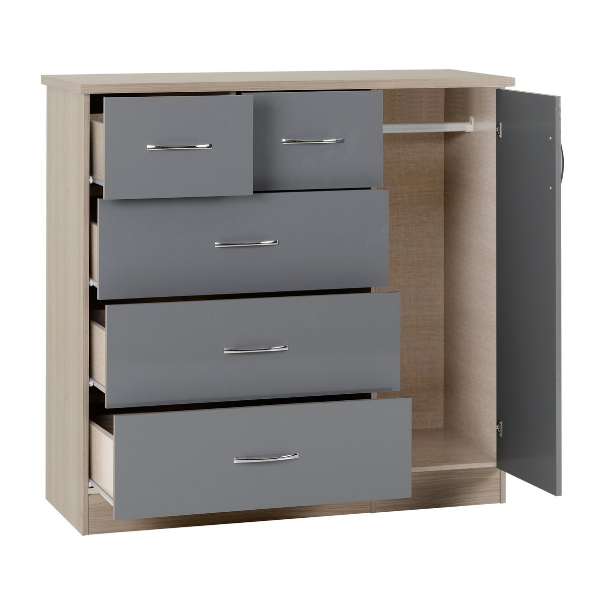 Nevada 5 Drawer Low Wardrobe - Grey Gloss/Light Oak