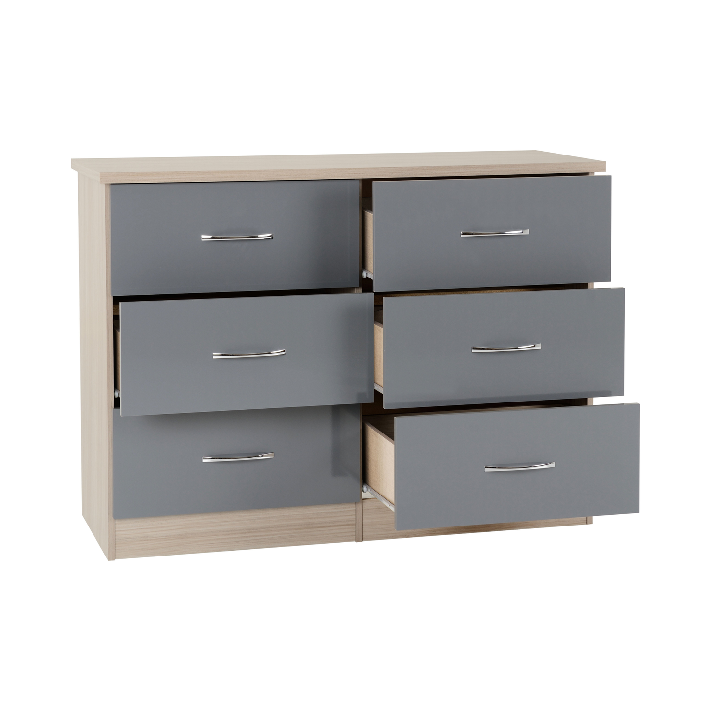 Nevada 6 Drawer Chest - Grey Gloss/Light Oak Effect Veneer