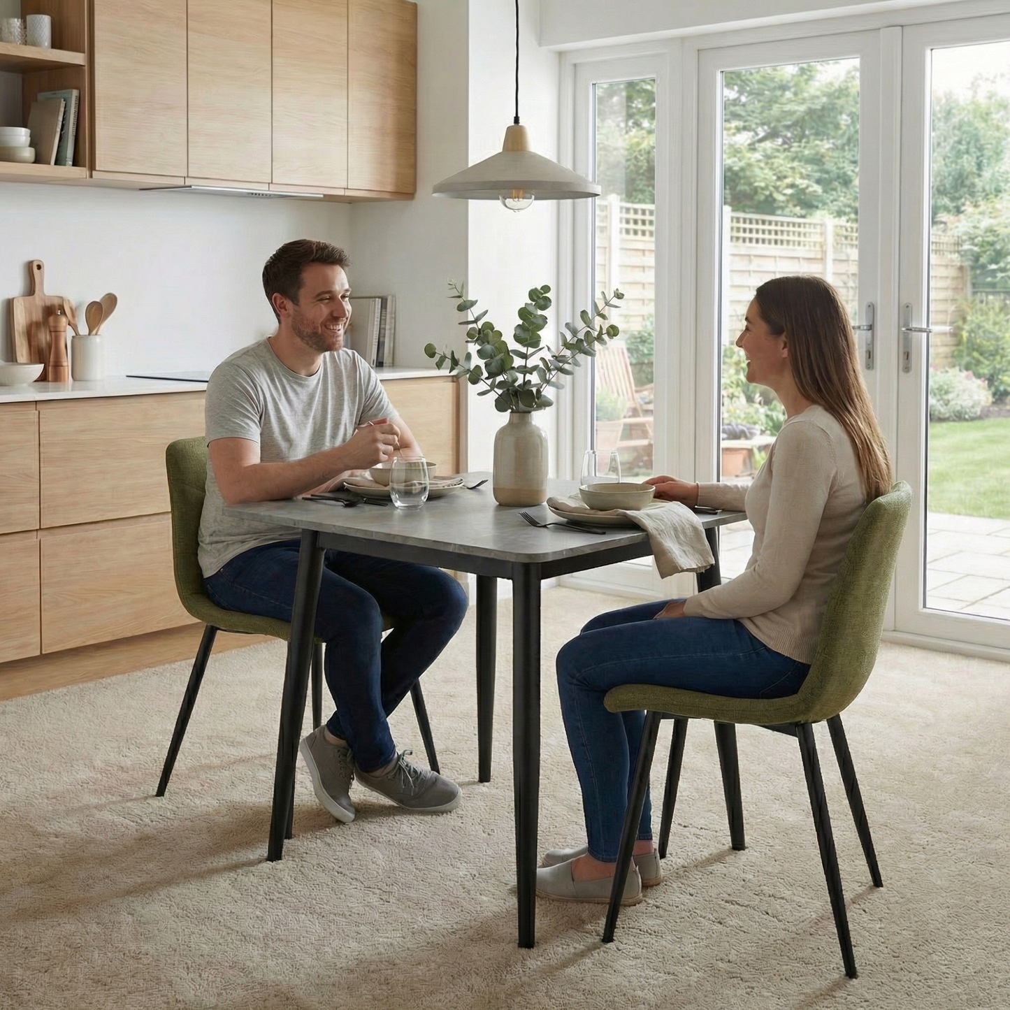 Nova Sintered Stone Dining Table 70x70cm – Grey Marble, Black Steel Legs