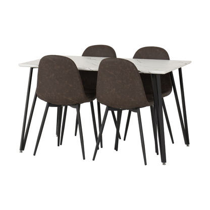 Marlow & Athens Dining Set (4 Chairs) - White Marble/Brown PU