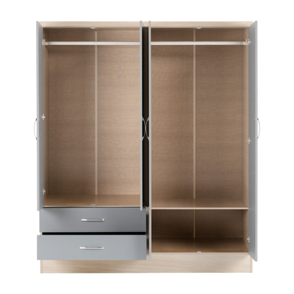 Nevada 4 Door 2 Drawer Wardrobe - Grey Gloss/Light Oak