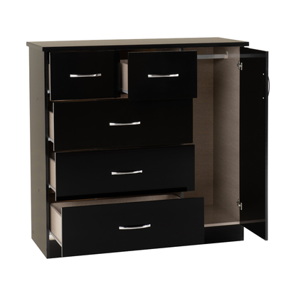 Nevada 5 Drawer Low Wardrobe - Black Gloss